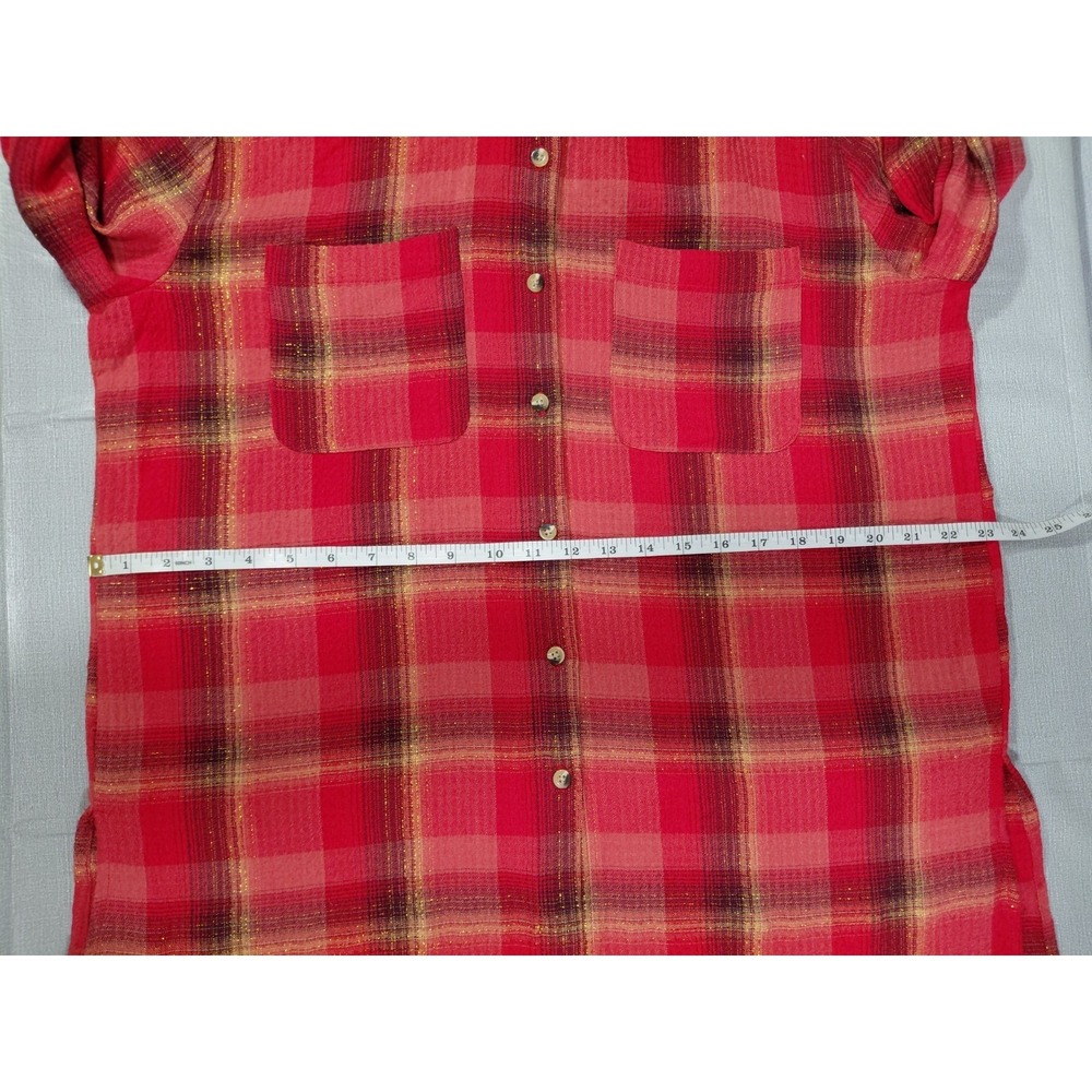 Cato Plaid Shirt Dress LG Red Gold Metallic Waffle Weave Long Sleeve - Picture 9 of 13